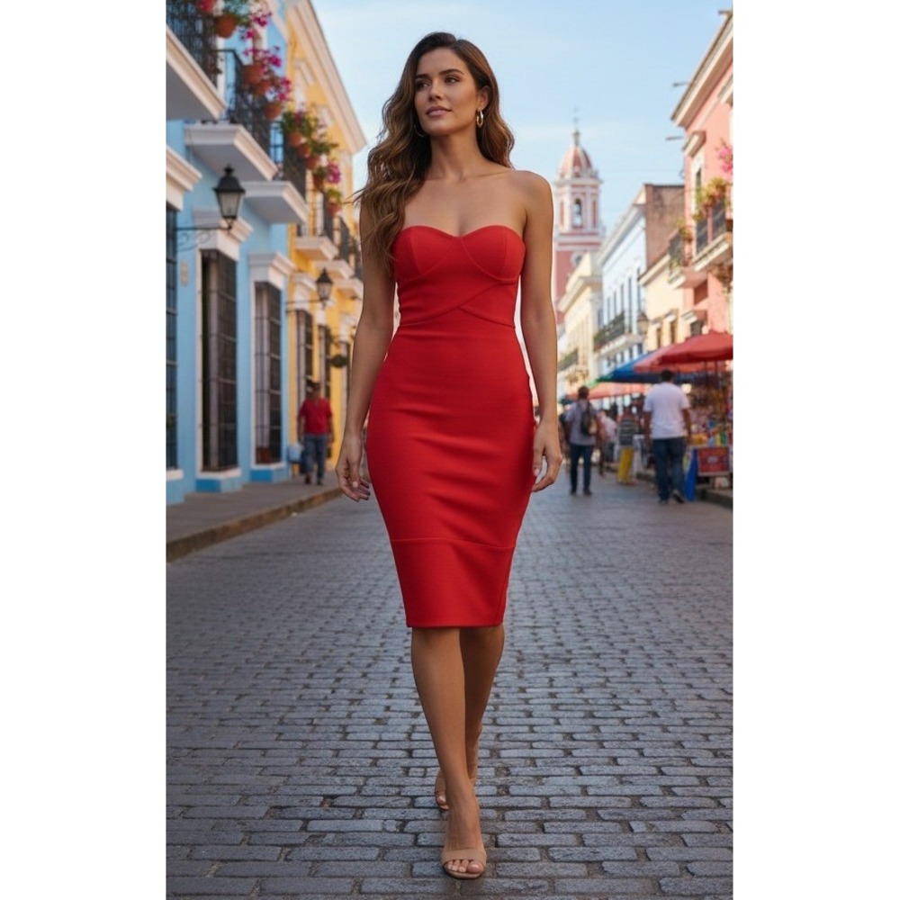 Hot Pink Strapless Sweetheart Bodycon Mini Dress Textured Ribbed Crossover Waist